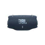 Front view of a dark blue JBL portable Bluetooth speaker with textured fabric and control buttons on top.