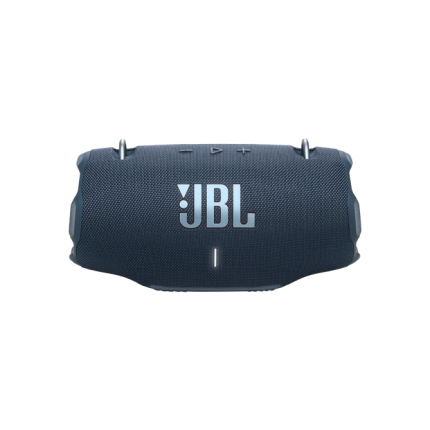 Front view of a dark blue JBL portable Bluetooth speaker with textured fabric and control buttons on top.