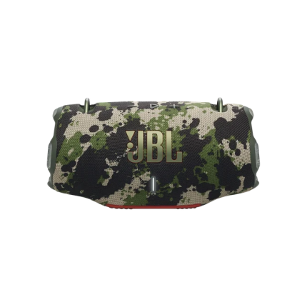 Camouflage-pattern JBL portable Bluetooth speaker with rugged black, green, and tan design.
