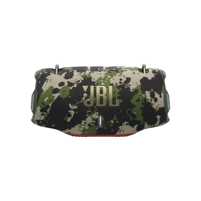 Camouflage-pattern JBL portable Bluetooth speaker with rugged black, green, and tan design.