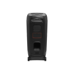 Tall black portable space heater with wheels, front view showing control panel on top and orange-outline panel in the center.