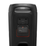 Rear view of a black JBL PartyBox portable speaker, showing the control/input panel and the battery compartment outlined in orange.