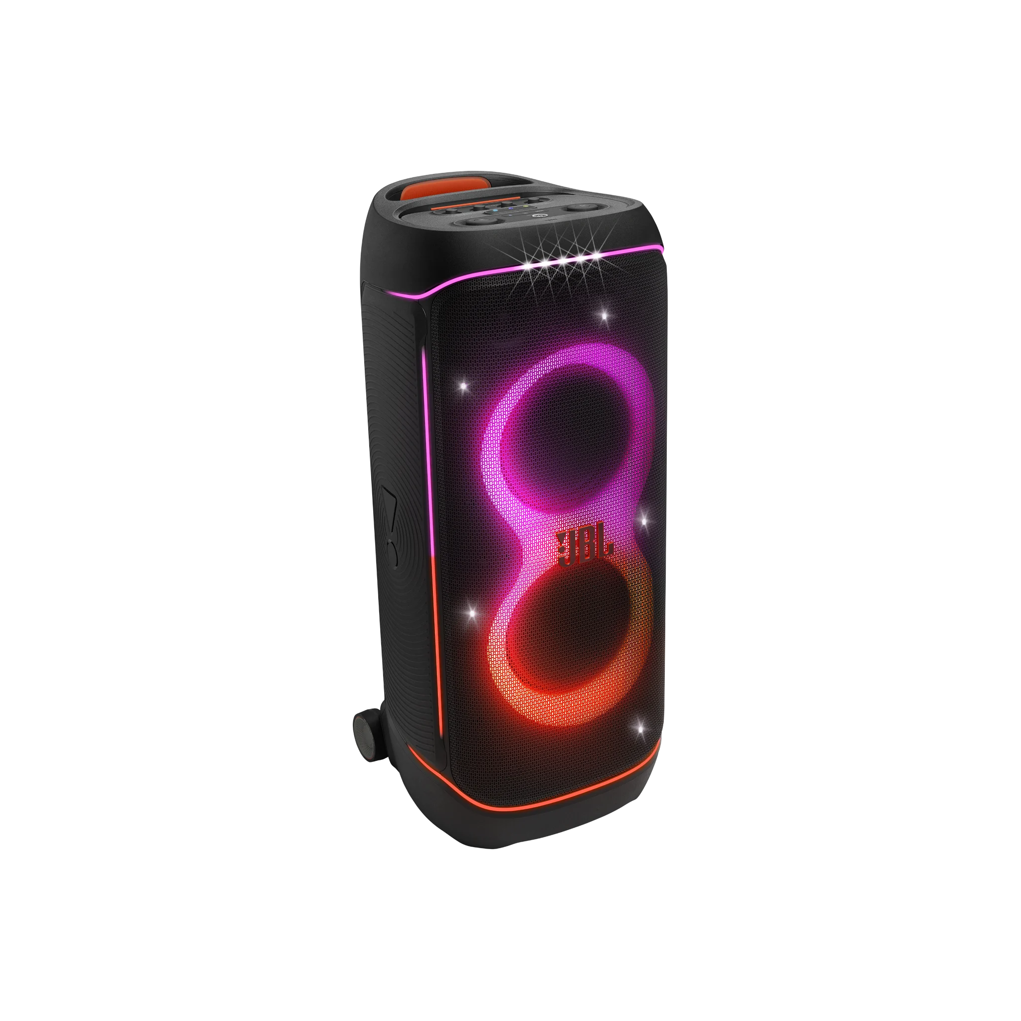 LS_JBL_PARTYBOX_720_HERO_0041_x2 - PRIME TECH Portable JBL wireless speaker with purple LED ring lighting around the front grille.