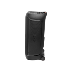 Black portable speaker on wheels with handle, shown from the side, featuring a vertical grille and control panel at the top edge.