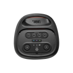 Top-down view of a JBL portable speaker showing its control panel with mic, volume, bass and treble knobs, playback buttons, and power button labeled JBL at the base.