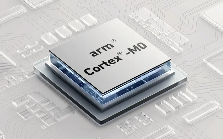 Silvery microchip labeled 'arm Cortex-M0' mounted on a blue-glass layered circuit board, with surrounding translucent circuitry patterns