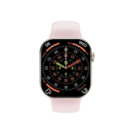 Apple Watch with a light pink band showing a detailed circular analog-style watch face with multiple colored rings and time indicators on a black background.