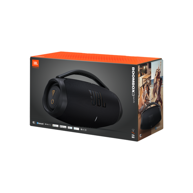 JBL Boombox portable speaker on its packaging box, orange top visible in the design.