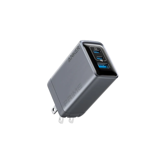 PRIME - PRIME TECH Anker Prime wall charger with three ports (two USB-A blue ports and one USB-C) in a gray, compact block.