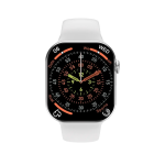 Apple Watch with a white band displaying a black, multi‑dial watch face with colored rings and time indicators.