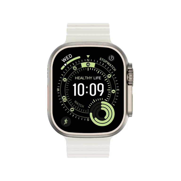 Smartwatch with white band showing a black circular watch face and time 10:09, with health-themed graphics and text 'Healthy Life'.