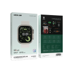 Two packaging boxes for the Green Lion Communicate 49 Ultra Smart Watch, one with a large watch image on a light background and one with product details on a dark panel, side by side.