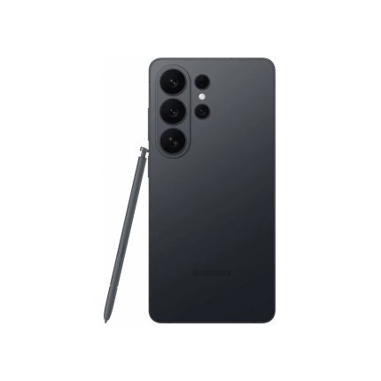Dark gray Samsung Galaxy phone back with triple camera array and S Pen stylus beside it