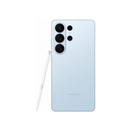 Blue Samsung smartphone with S Pen stylus attached on the left; back shows a quad-camera module and LED flash