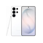 White Samsung smartphone with S Pen, shown from front and back with a quad-camera module and sleek design.