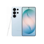Samsung Galaxy smartphone in light blue with S Pen, featuring a quad-camera rear array and edge-to-edge display on the front