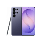Purple Samsung Galaxy smartphone with S Pen stylus shown beside the device, front and back views with a purple wallpaper.