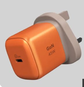 Orange GoN 45W USB-C wall charger with a foldable plug and USB-C port visible on the side