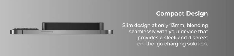 Compact charging banner: a slim, 13mm-thick charger on the left with a phone, and the headline 'Compact Design' plus benefit text on the right.