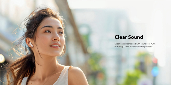Woman wearing wireless earbuds outdoors, looking up with a soft smile; promotional text 'Clear Sound' appears on the right.