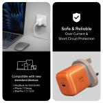Quad-panel collage: top-left shows a laptop plugged into a wall outlet with a mouse nearby; top-right displays a shield icon and the text “Safe & Reliable Over Current & Short Circuit Protection”; bottom-left lists device compatibility on a black background; bottom-right features an orange GaN 45W charger.