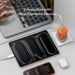 Laptop and tablet on a desk with charging cables, conveying compatibility with new standard devices.