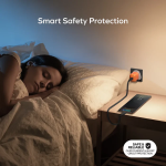 Woman sleeping in bed while a phone charges from a smart, protected outlet on a nightstand; badge reads 'Safe & Reliable over current & short circuit protection'.