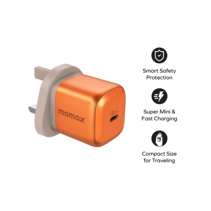 Orange Momax USB wall charger with a dual-prong plug; right-side bullets read Smart Safety Protection, Super Mini & Fast Charging, Compact Size for Traveling.