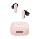 anker-r50i pink - PRIME TECH Pink true-wireless earbuds with black silicone tips and a matching pink charging case photographed from front and side angles.