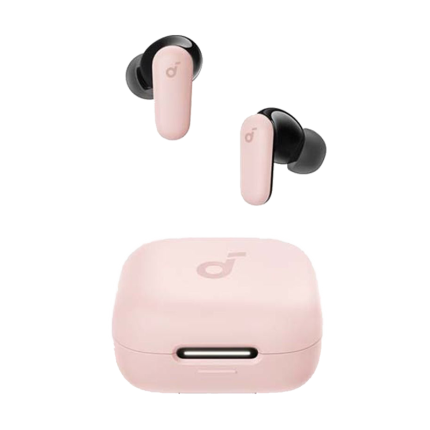 Pink true-wireless earbuds with black silicone tips and a matching pink charging case photographed from front and side angles.