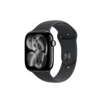 black - PRIME TECH Close-up of a black smartwatch with a curved glass screen and dark silicone band flowing around it