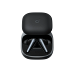 Black wireless earbuds seated in an open charging case with the lid raised, earbuds resting inside