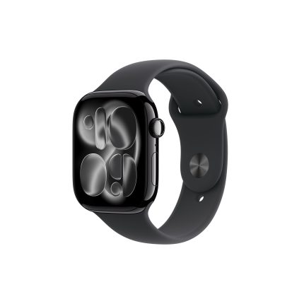 Close-up of a black smartwatch with a curved glass screen and dark silicone band flowing around it