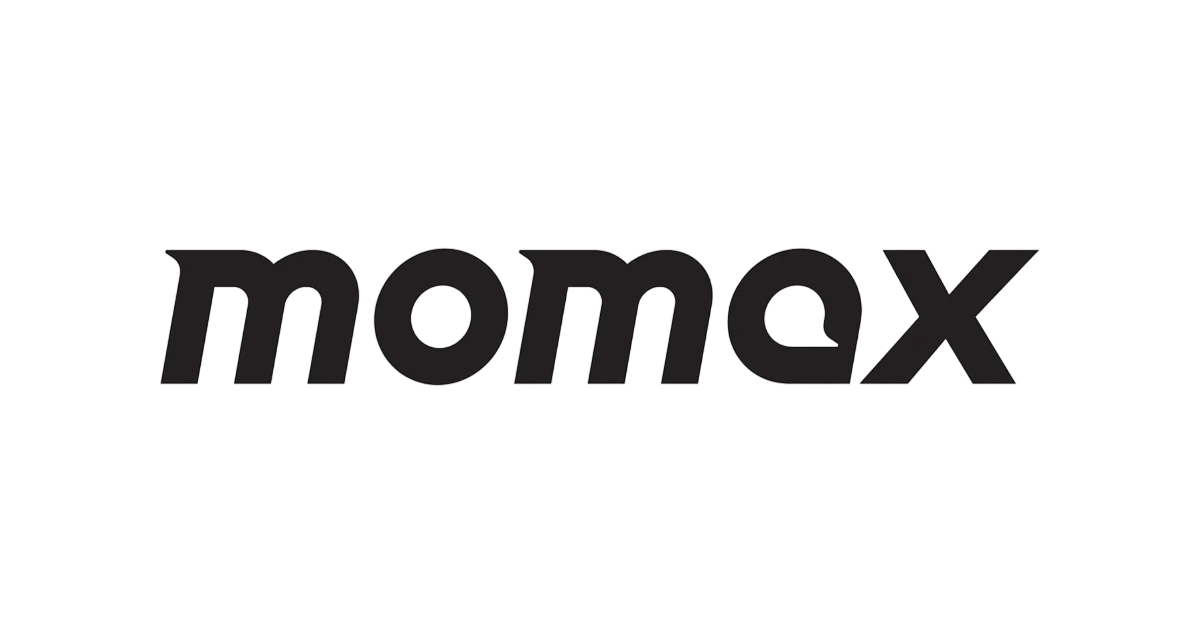 momax wordmark logo on a dark background of black text
