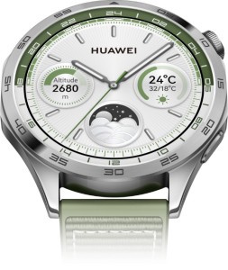 Huawei smartwatch face showing altitude 2680 m, temperature 24°C, and moon phase on a silver dial with a green strap.”, “Smartwatch with Huawei branding displaying altitude, weather, and moon phase on a metallic dial and olive strap.”, “Informational watch face: altitude, temperature, and moon phase indicators on a Huawei smart watch.”, “Close-up of Huawei watch with altimeter, weather, and lunar phase on a silver dial.”, “Huawei smart watch displaying multi-function data: altitude, 24°C, and moon phase.”