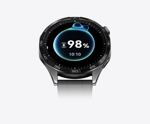 Smartwatch showing 98% battery and the time 10:10 on a circular display with a metallic band