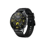 Watches-style Huawei smartwatch with black strap and yellow-accented dial showing time and widgets on a round face.