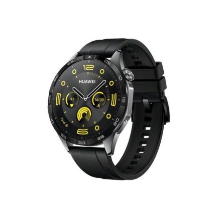 Watches-style Huawei smartwatch with black strap and yellow-accented dial showing time and widgets on a round face.