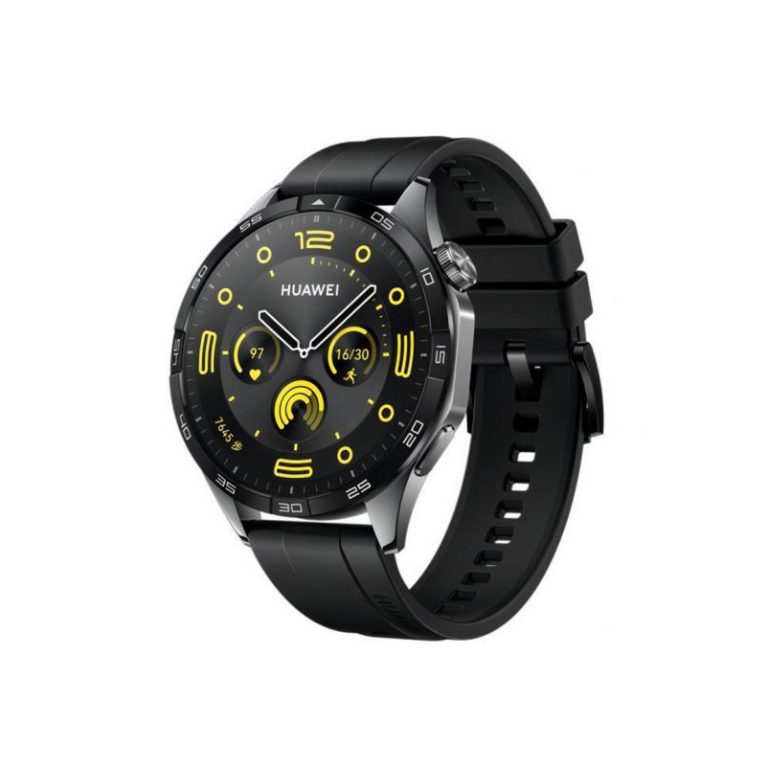 Watches-style Huawei smartwatch with black strap and yellow-accented dial showing time and widgets on a round face.