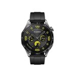 Huawei smartwatch with black band and yellow accents, round face, multiple dials visible on the dial.
