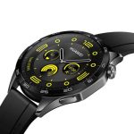 Huawei smartwatch with black strap and yellow-accented dial facing the viewer, showing a sporty digital-analog display
