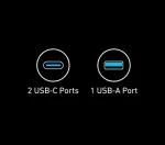 Illustration of device ports: two USB-C ports on the left and one USB-A port on the right on a black background.