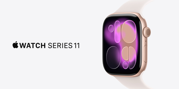 Apple Watch Series 11 with a rose-gold case and white band, displayed beside the Apple logo and the text 'WATCH SERIES 11'.