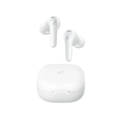 Pair of white true wireless earbuds with a matching white charging case on a white background, floating above the case.