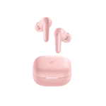 Pink true wireless earbuds with a matching pink charging case, shown from front with buds above the case.