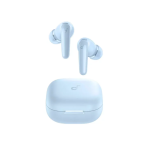 Light blue wireless earbuds with a matching charging case, shown from the front.