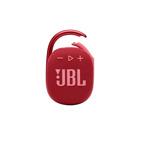 Red JBL portable Bluetooth speaker with a textured fabric cover and a curved attachable hook on top-left.