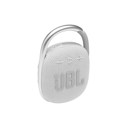 White portable JBL Bluetooth speaker with a built-in carabiner hook for clip-on use, compact and rugged-looking.
