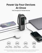 Multi-device charger powers and charges four devices at once: laptop, phone, and wireless earbuds case connected to a central power bank.