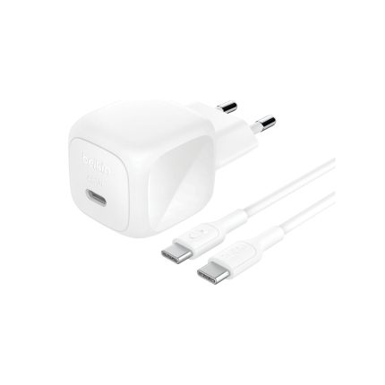 White Belkin wall charger with USB-C and USB-A cables attached, shown from side view in white on white background